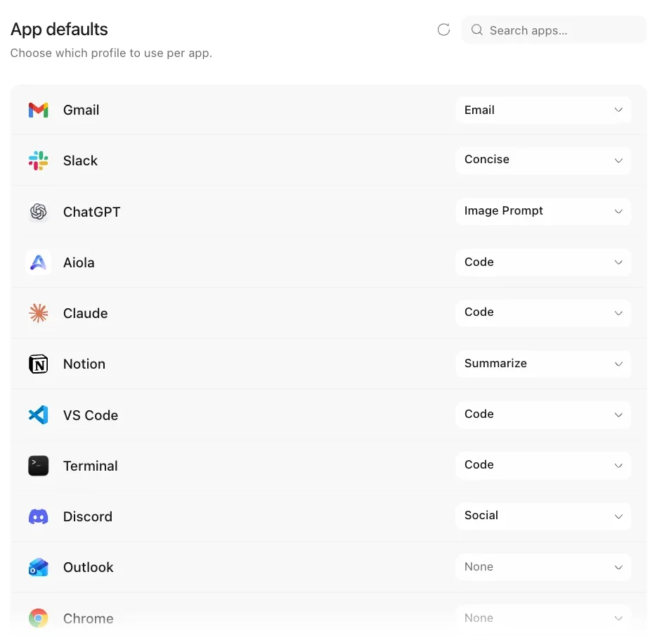 PromptDC app defaults page assigning a profile to each app