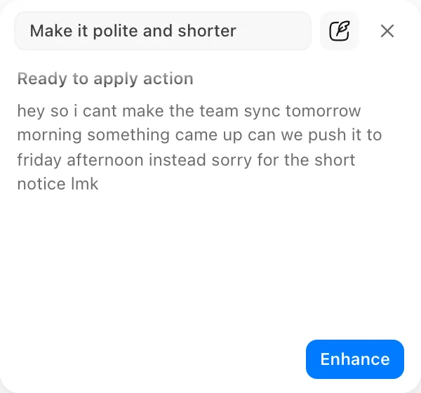 PromptDC popover with a one-off action instruction