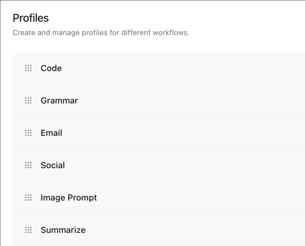 PromptDC settings showing the built-in writing profiles