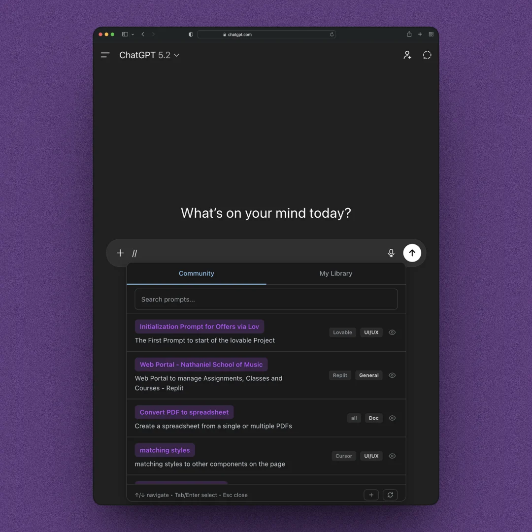 Community prompt sharing in browser
