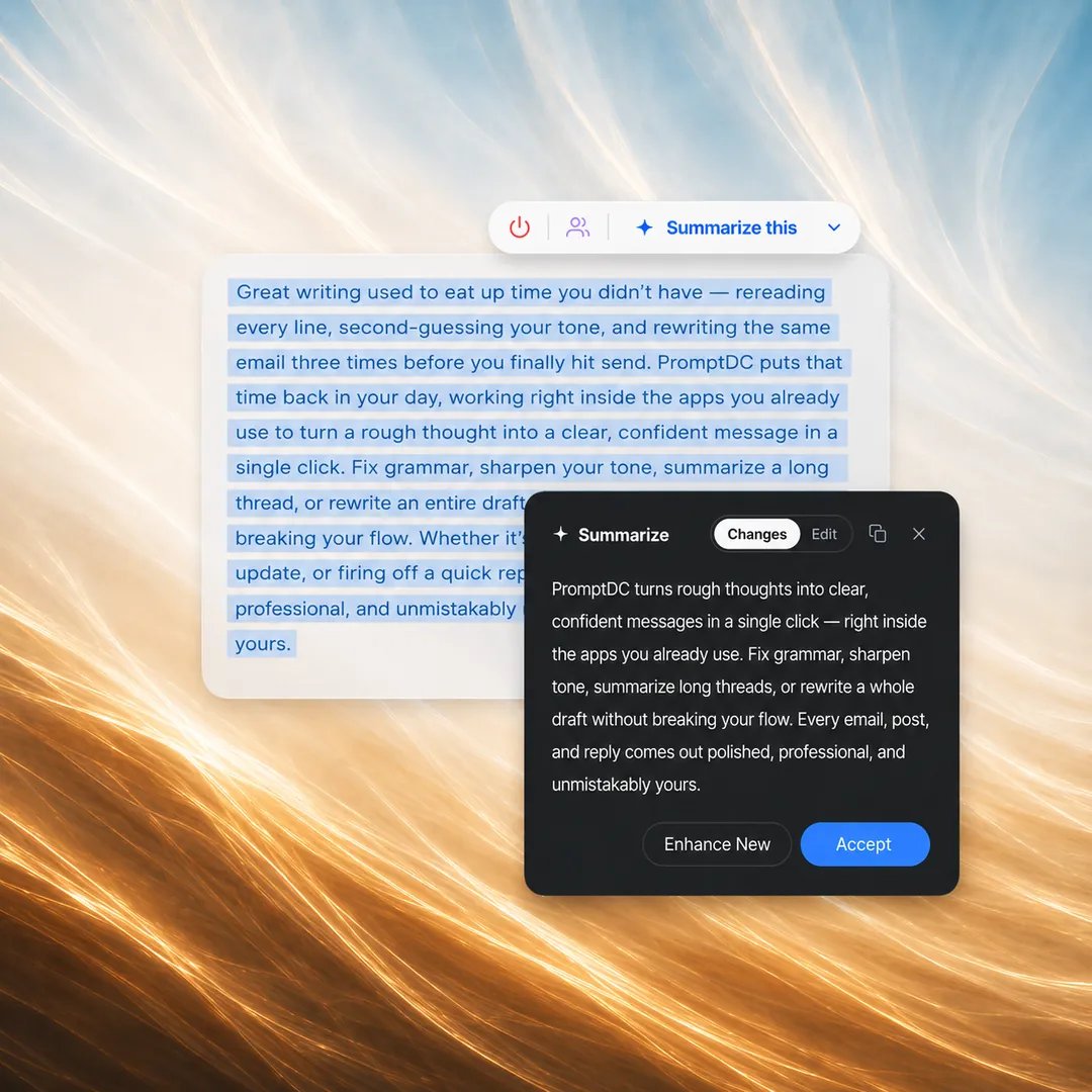 PromptDC writing toolbar beside selected text on a webpage